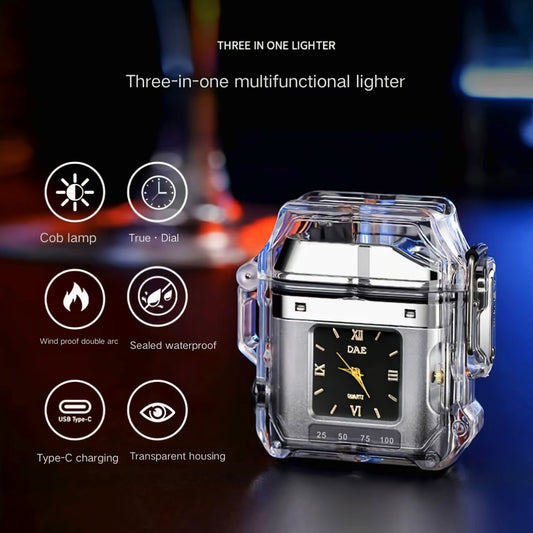 All-in-One Multi-Function Gadget: Electronic Cigarette Lighter, Outdoor Flashlight, & Flashing Clock